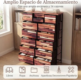 Cómoda com 14 gavetas com gavetas em tecido 85 x 30 x 120 cm, estrutura metálica, organizador para quarto Preto + Castanho