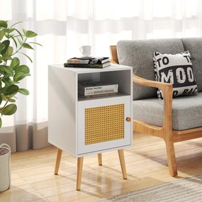 Mesa cabeçeira ou mesa Apoio com Estante Aberta e Porta Decorada em Rattan PE para Quarto Sala de Estar 40 x 39 x 70 cm Branco