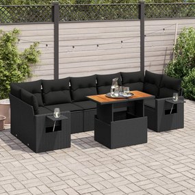 8 pcs conjunto sofás de jardim com almofadões vime PE preto