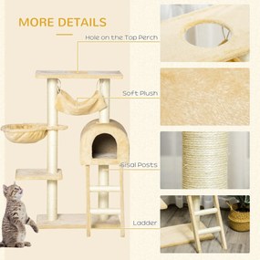 Árvore para Gatos Arranhador com Poste Ninho Cesta Rede Plataforma Casa e Escada de Veludo e Sisal Natural 54x29,5x98 cm Bege