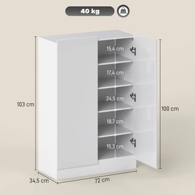 Sapateira para Entrada com Prateleiras Ajustáveis para 20 Pares de Sapatos 72x34,5x103 cm Branco Brilhante
