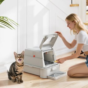 Caixa de Areia para Gatos de Aço Inoxidável XL com Tampa Articulada 180° Laterais Altas Pedal Pá 63x43x43 cm Cinza Claro