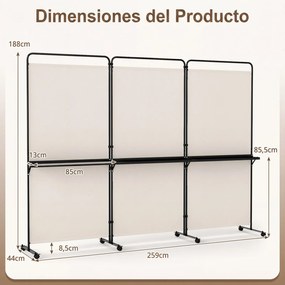 Biombo Dobrável de 3 Painéis, 259 x 44 x 188 cm, 8 Rodas com Travão, Branco