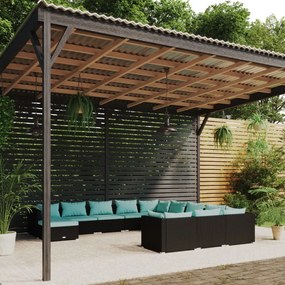 vidaXL 12 pcs conjunto lounge de jardim c/ almofadões vime PE preto