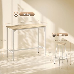 Conjunto de Móveis Altos de Bar com 5 Peças Mesa de Refeição Industrial e 4 Bancos Redondos Madeira e Branco