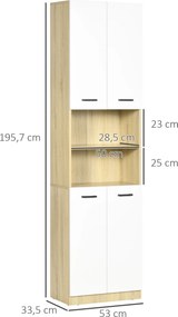 Coluna Casa de Banho Armário Alto Casa de Banho com 4 Portas 2 Prateleiras Abertas e Ajustáveis 53x34x196cm Branco e Madeira