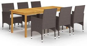 7 pcs conjunto de jantar para jardim com almofadões castanho