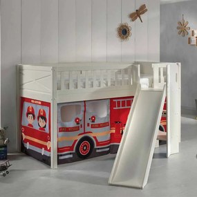 Conjunto cama Infantil SCOTT + escorrega + cortina de brincar Bombeiros Branca