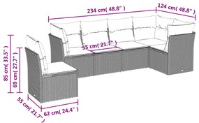 6 pcs conjunto de sofás jardim c/ almofadões vime PE castanho