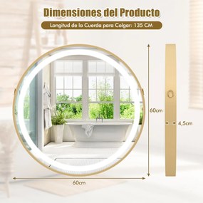 Espelho de parede casa de banho 60 x 60 cm com fita para pendurar Luz LED de 3 cores Função de memória