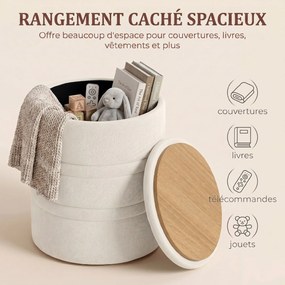 Pufe com espaço de arrumação em chenille e tampa Ø 36,5 x 46,5H cm, banco redondo para a sala e o quarto, bege