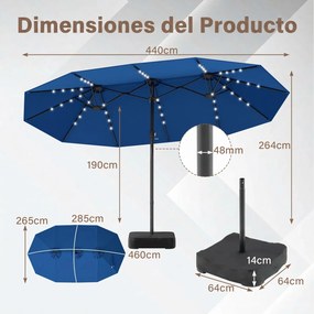 Guarda-sol duplo 460 x 285 cm com 48 luzes LED, 3 aberturas de ventilação, 12 varas, base e manivela para jardim, terraço e piscina – azul