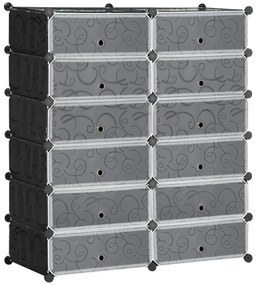 Sapateira Modular de Cubos de Plástico Armário Modular para Sapatos com 12 Cubos com Porta Desenho de DIY 94x37x108 cm Preto