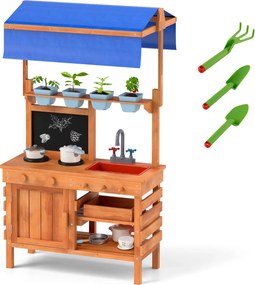 Cozinha de brincar em madeira com toldo ajustável Ardósia ajustável Copos de plantação Fogões Fogão Lava-loiça Forno e gaveta exterior