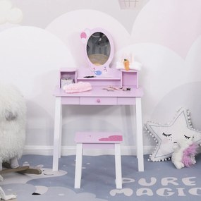 HOMCOM Toucador Infantil com Banco e Espelho Mesa de Maquilhagem Infantil Estilo Princesa de Madeira 59x39x92cm Rosa