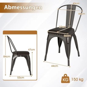 Conjunto de 4 cadeiras de jantar bistrô em metal empilháveis, cadeiras de cozinha acolchoadas, cadeiras de jardim com encosto 44 x 53 x 84 cm cinza es