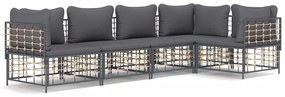 5 pcs conjunto lounge de jardim c/ almofadões vime PE antracite