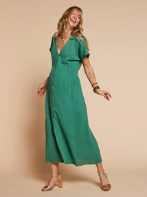 Vestido comprido gola de camisa para gravidez e amamentação verde-esmeralda