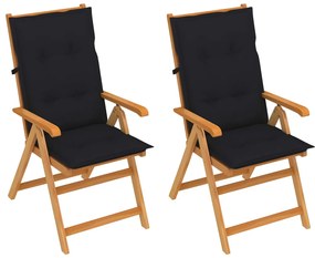 Cadeiras de jardim com almofadões pretos 2 pcs teca maciça