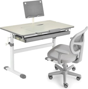 Conjunto 2 em 1 de secretária e cadeira para crianças Secretária ajustável em altura e ângulo com cadeira ergonómica giratória Cinzenta