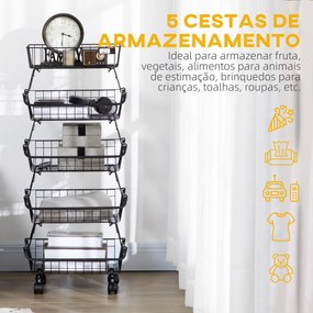 Fruteira Cesto para Frutas de 4 Níveis com Rodas Carrinho de Armazenamento de Aço Empilhável para Cozinha Sala de Jantar Escritório 40x28x97cm Preto