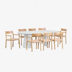 Conjunto De Mesa Oval Em Cimento (220x95 Cm) Noemi E 8 Cadeiras De Jantar Em Madeira De Carvalho E Corda Entrançada Mara Branco - Sklum