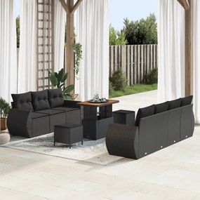 Conjunto de Sofá de Jardim de 10 Peças com Almofadas Preto de Rattan P