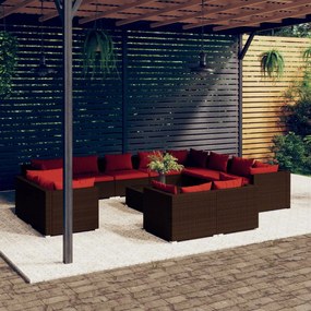vidaXL 13 pcs conjunto lounge jardim c/ almofadões vime PE castanho