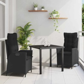 vidaXL Conjunto de Jantar de Jardim 3 Peças com Almofadas Preto Vime Polímero