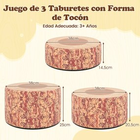 Conjunto de 3 bancos em forma de tronco de árvore para crianças Almofadas de chão com diferentes alturas para salas de aula ou creche Cor 1