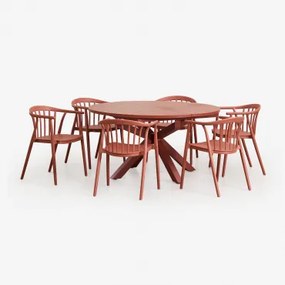 Conjunto De Mesa Extensível Redonda De 145-200x145 Cm Em Alumínio Barces E 6 Cadeiras De Jardim Empilháveis Com Braços Ivor Terracota - Sklum