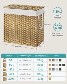 Cesto da roupa suja com tampa 33 x 66 x 60 cm cor natural