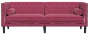 Sofá chesterfield com rolos 3 lugares veludo vermelho tinto