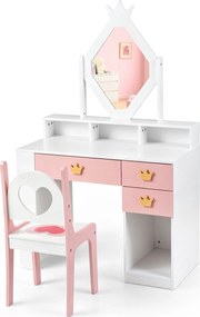 Conjunto de Toucador Infantil com Espelho e Cadeira, 80 x 40 x 130 cm, Espaço de Arrumação Ajustável, Branco
