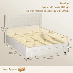 Cama de Casal com Estrado-Baú, 203,5 x 145 x 104 cm (COLCHÃO NÃO INCLUIDO), Arrumação sob a Cama, Creme