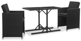 vidaXL 3 pcs conjunto jantar exterior com almofadões vime PE preto