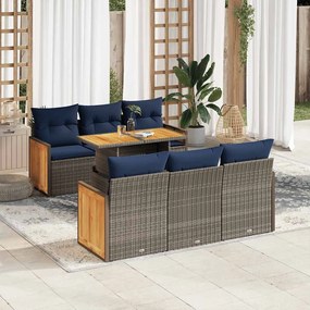 7 pcs conjunto sofás jardim almofadões vime PE/acácia cinzento