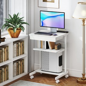 Secretária de computador com rodas, secretária com arrumação 56 x 51 cm com gaveta, compartimento e suporte para CPU, branca