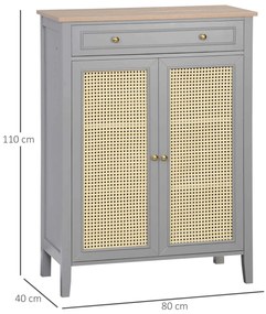 HOMCOM Sapateira para 9 Pares de Sapatos Armário para Sapatos com 2 Portas de Vime e Gaveta Estilo Cannage para Corredor Entrada 80x40x110cm Cinza