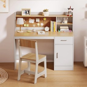 Conjunto de secretaria e cadeira infantil com estante, gaveta, armário, quadro de cortiça e banco com encosto inclinado 109,5 x 48 x 100,5 cm Natural