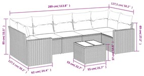 8 pcs conjunto sofás de jardim c/ almofadões vime PE cinzento