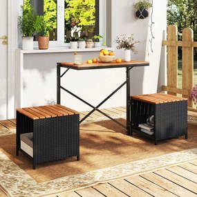 Banco Conversível para Exterior 2 em 1: Mesa de Piquenique e Sofá de 2 Lugares, Estrutura Metálica, Rattan de PE, Dobrável, para Pátios, Preto e casta