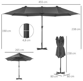 Chapéu de Sol Duplo 4,55x2,65x2,38 m Chapéu de Sol de Jardim com Manivela Manual com Proteção Solar UV Cinza