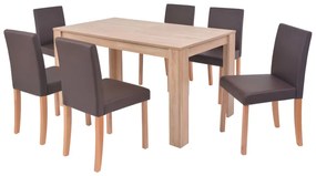 Mesa e cadeiras de jantar 7 pcs couro artif. carvalho castanho