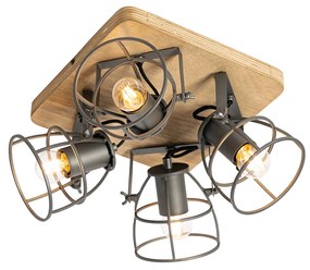 Candeeiro de teto industrial madeira com cinzento escuro ajustável 4 luzes - Arthur Industrial