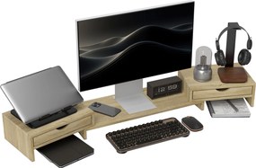 Suporte elevatório para monitor de computador de secretária, 60-116 C x 22 L x 12 A cm, com 2 gavetas, comprimento e ângulo ajustáveis cor carvalho