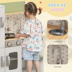 Cozinha de Madeira para Crianças com Máquina de Gelo Lavatório de Aço Inoxidável e Utensílios 84x34x89 cm Branco