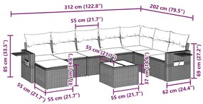 9 pcs conj. sofás jardim com almofadões vime PE cinzento-claro