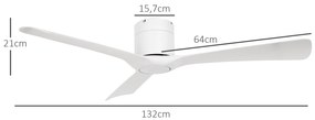 Ventoinha de Teto Silencioso 29W com Controlo Remoto Ø129 cm com 3 Lâminas Reversíveis 6 Velocidades e Temporizador Branco