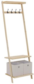 HOMCOM Suporte para Cabides de Madeira Cabideiro com Prateleiras 2 Gavetas de Tecido e 4 Ganchos para Pendurar Roupas Bolsas para Entrada Dormitório 55x37x173cm Madeira